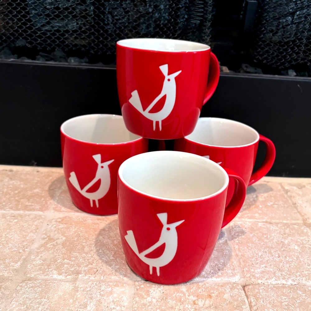 Starbucks 2011 Holiday Red Bird Coffee Mugs Set of 4 New Bone 12oz